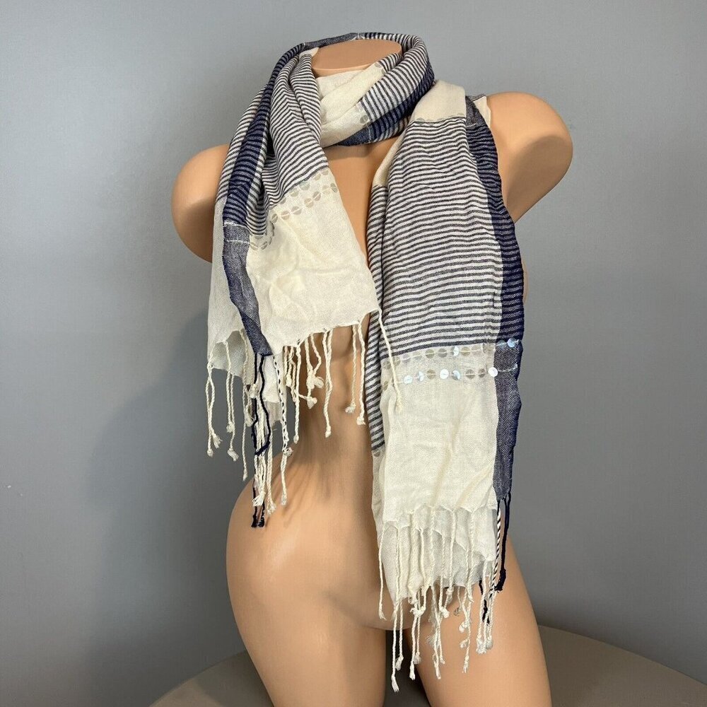 Chico's Nautical Stripe Straight Oblong Scarf Blue Natural Stripe‎ NWT